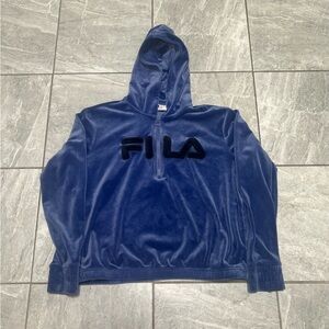 Vintage FILA Velour Cropped Hoodie Quarter Zip Blue Logo Women’s L Y2K